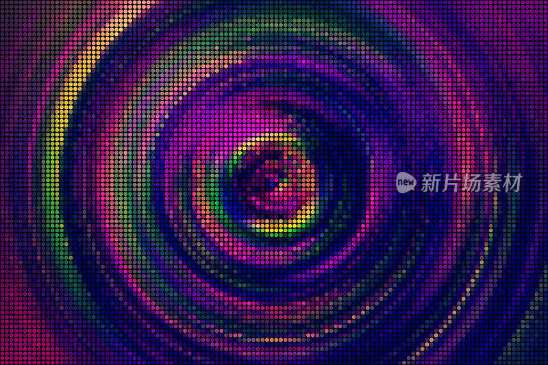 抽象马赛克圆同心圆彩色闪光背景未来的超宇宙Web3 NFT Led灯连接技术霓虹灯几何点像素光谱瓷砖纹理条纹漩涡图案活力反射焦点隧道魅力无线电波特写